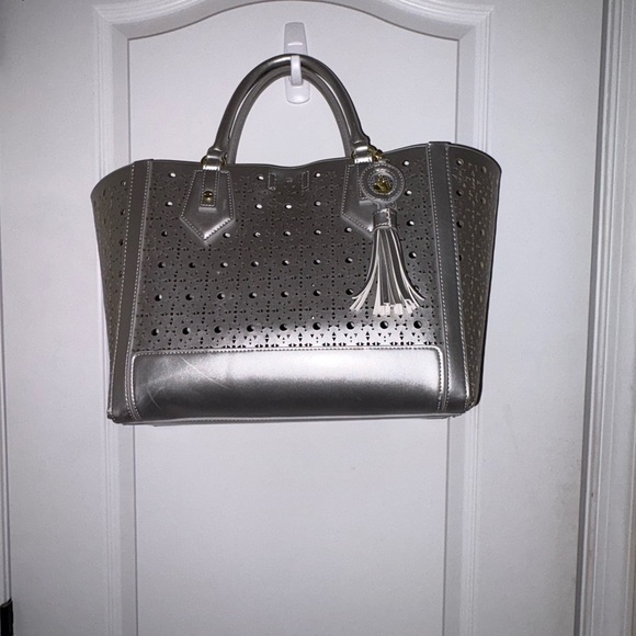 Steve Madden Handbags - Steve Madden Silver Perforated Tote with Tassel